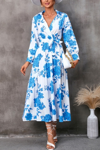 s-2xl autumn new floral & leaf batch printing inelastic long sleeve turndown collar lace up pleated swing stylish holiday midi dress(with belt)
