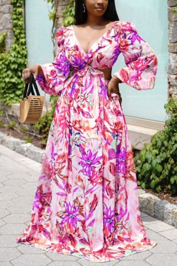 autumn new plus size two colors floral batch printing non-stretch v-neck ruffle hollow backless sexy vacation style maxi dress