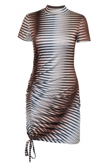 summer new stripe batch printing stretch short sleeve drawstring design lace up shirring stylish sexy mini dress