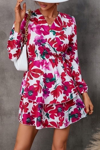s-3xl autumn new plus size floral batch printing inleastic long sleeve v-neck nipped waist ruffle stylish holiday mini dress
