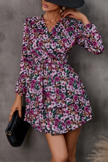 s-3xl autumn new plus size floral batch printing inleastic long sleeve v-neck nipped waist ruffle stylish casual mini dress
