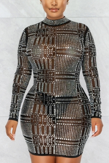 autumn new stylish mesh see-through rhinestone zip-up slight stretch plus size high quality sexy mini dress