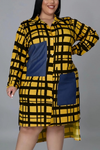 l-5xl plus size autumn new stylish four colors lapel lattice printing long sleeve with pocket inelastic casual midi dress
