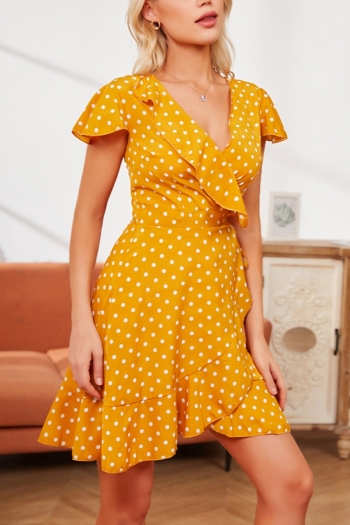 summer new stylish three colors v-neck dot printing ruffle decor short sleeve inelastic casual mini dress