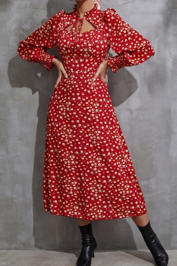 autumn new stylish floral batch printing hollow chiffon non-stretch zip-up casual midi dress
