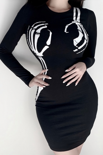 autumn new abstract fixed printing high stretch long sleeve crew neck bodycon stylish punk sexy mini dress