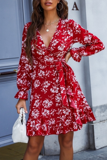 xs-l spring new stylish inelastic floral printing with belt v-neck casual mini dress