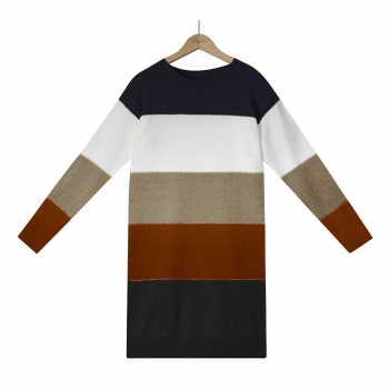 Winter new 5 colors contrast color stripe knitted slight stretch long-sleeve stylish casual sweater mini dress