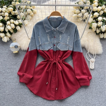 autumn new stylish six colors lapel long sleeve denim stitching inelastic drawstring lace-up button casual mini dress
