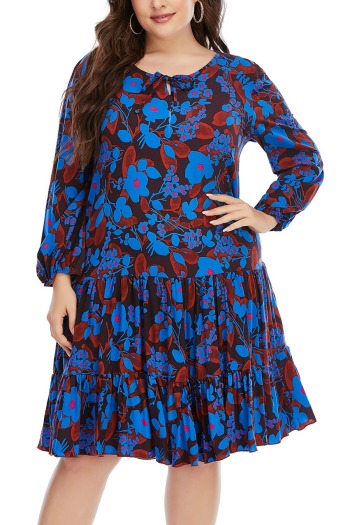 xl-5xl plus size autumn new contrast color floral batch printing non-stretch long sleeve crew neck bow-knot ruffle swing stylish casual midi dress