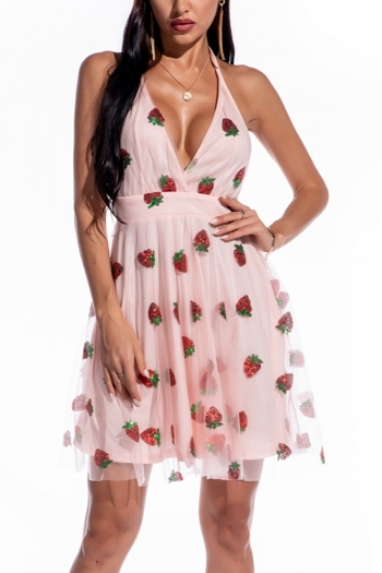 summer new strawberry pattern sequin decor high stretch halter-neck mesh patchwork lace up zip-up backless stylish sexy mini dress