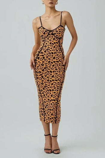 summer new stylish leopard batch printing slight stretch slim zip-up adjustable sling knitted jacquard high quality casual midi dress