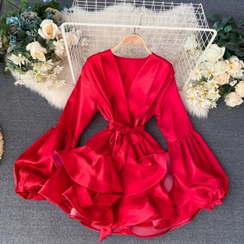 Spring & summer new 6 colors inelastic satin lantern long sleeves ruffle high quality casual mini dress(with belt)
