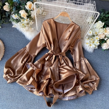 Spring & summer new 6 colors inelastic satin lantern long sleeves ruffle high quality casual mini dress(with belt)