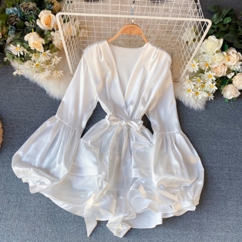 Spring & summer new 6 colors inelastic satin lantern long sleeves ruffle high quality casual mini dress(with belt)