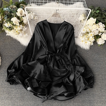 Spring & summer new 6 colors inelastic satin lantern long sleeves ruffle high quality casual mini dress(with belt)