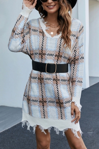 autumn & winter new stretch plaid pattern knitted v-neck hole loose casual mini dress(without belt)