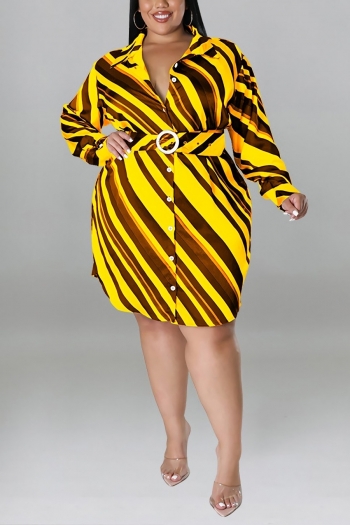 xl-5xl plus size spring new 5 colors inelastic stripe printing single-breasted with belt casual mini dress