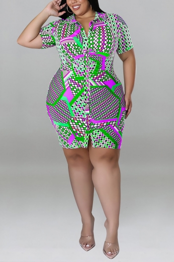 xl-5xl plus size summer new 5 colors stretch geometric printing single-breasted stylish mini dress