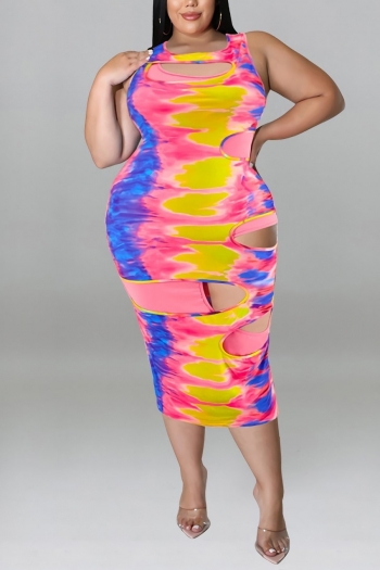 xl-5xl plus size summer new 4 colors stretch tie-dye printing cutout double-layer slim sexy midi dress