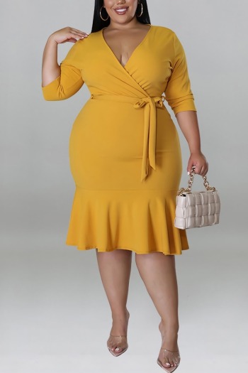 xl-5xl plus size summer new 10 colors stretch v-neck ruffle with belt casual midi dress