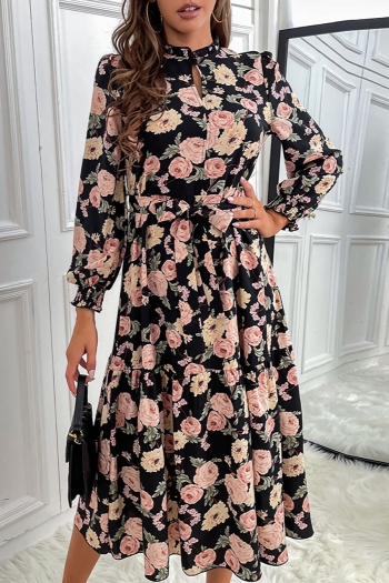 early autumn new floral batch printing slight stretch long sleeve frill trim smocked lace up stylish holiday midi dress(with belt)