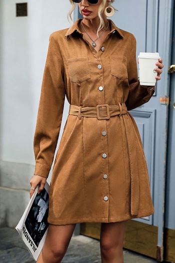 autumn new corduroy solid color non-stretch long sleeve turndown collar single breasted lace up stylish casual mini dress(with belt)