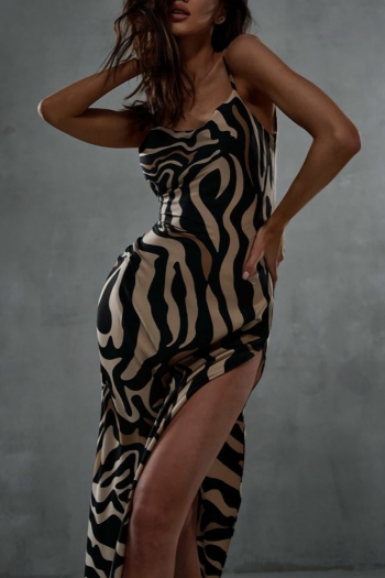 summer new stylish zebra batch printing slight stretch sling high slit backless sexy maix dress