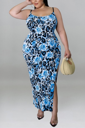 xl-5xl plus size summer new 4 colors stretch floral batch printing sling backless split stylish maxi dress