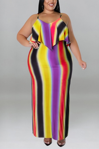 xl-5xl plus size summer new 4 colors stretch stripe printing sling irregular casual maxi dress