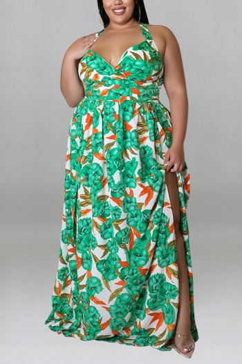 xl-5xl plus size summer new 5 colors inelastic floral batch printing crossed sling backless split sexy maxi dress