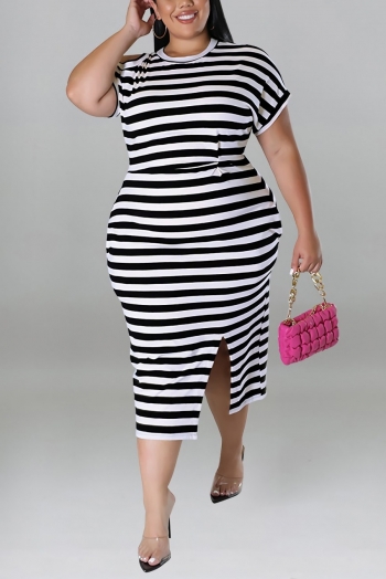 xl-5xl plus size summer new 6 colors stretch stripe printing hollow pocket split casual midi dress