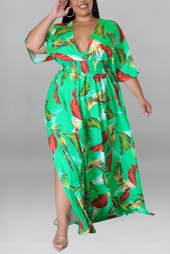xl-5xl plus size summer new 5 colors stretch leaf printing v-neck split loose stylish maxi dress