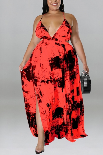 xl-5xl plus size summer new 5 colors inelastic ink & wash printing crossed sling backless split sexy maxi dress