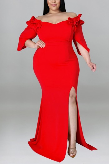 xl-5xl plus size summer new 6 colors stretch ruffle off-the-shoulder split back zip-up elegant maxi dress