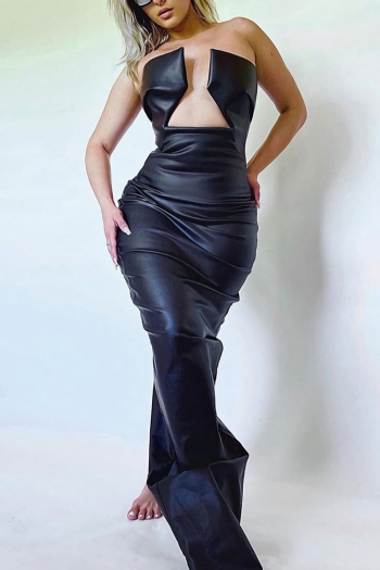 summer new two colors slight stretch pu tube design backless slit sexy leather maxi dress