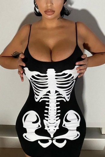 summer new skull pattern fixed printing high stretch low-cut backless sling sexy bodycon mini dress