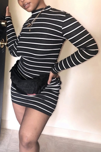 autumn new stylish stripe printing crew neck long sleeve slight stretch slim sexy mini dress