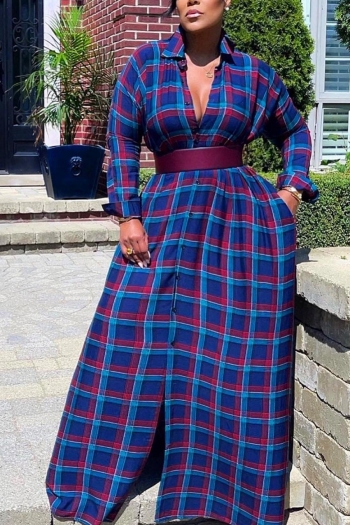 autumn new stylish plaid printing pocket single breasted plus size slight stretch loose casual maxi dress(without belt)