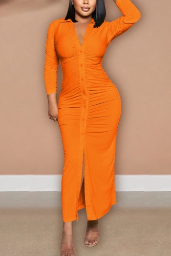 autumn new stylish 5 colors solid color plus size single breasted pleated slit casual midi dress