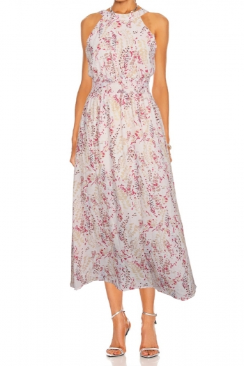 summer new stylish floral batch printing crew neck sleeveless inelastic slit hollow lace-up sexy midi dress