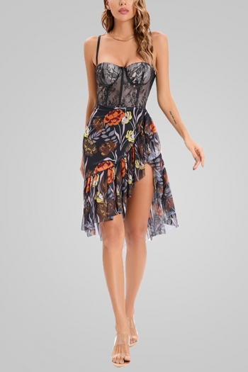 xs-l summer new floral printing mesh & lace stitching slight stretch non-removable padding backless zip-up sling sexy high quality midi dress(with lined and boned)