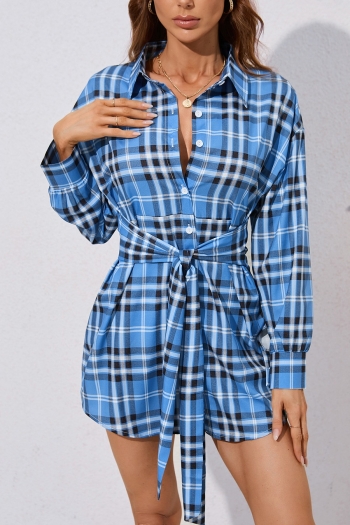 autumn new plus size checked batch printing inelastic long sleeve turndown collar single breasted lace up stylish casual mini dress