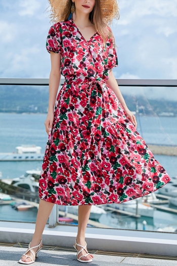 s-4xl plus size summer new stylish floral batch printing v-neck non-stretch belt loose casual midi dress