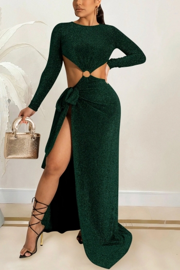 autumn new plus size 5 colors slight stretch long sleeve hollow lace up high slit  metallic-ring connected backless stylish sexy shining maxi dress (with belt)