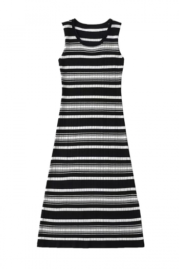 summer new stylish striped batch printing slight stretch sleeveless casual midi dress