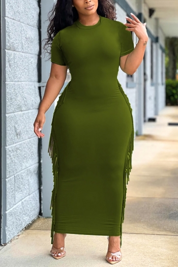 s-3xl plus size summer new stylish three colors solid color crew neck short sleeve tassels decor slight stretch casual maxi dress