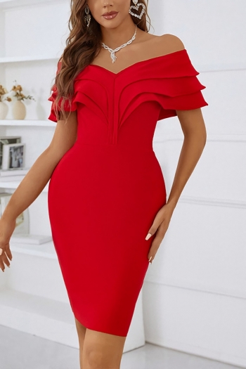 summer new solid color high stretch off-the-shoulder ruffle zip-up stylish classic mini dress