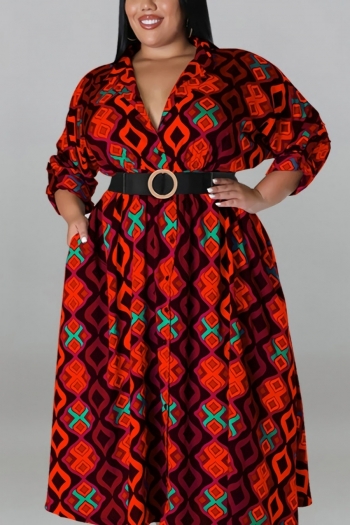 xl-5xl plus size autumn new 5 colors inelastic geometric printing single-breasted loose casual maxi dress(with belt)