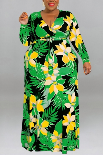 xl-5xl plus size autumn new 6 colors stretch flower & leaf printing v-neck with belt loose casual maxi dress